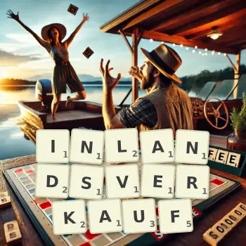 Kreative Illustration für ein Scrabble-Spiel, bei dem das Wort INLANDSVERKAUF mit Steinen auf dem Brett gelegt wurde.