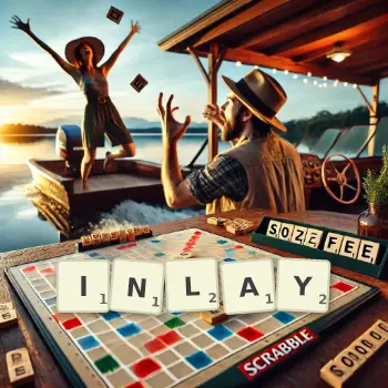 Kreative Illustration für ein Scrabble-Spiel, bei dem das Wort INLAY mit Steinen auf dem Brett gelegt wurde.