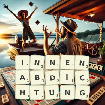 Kreative Illustration für ein Scrabble-Spiel, bei dem das Wort INNENABDICHTUNG mit Steinen auf dem Brett gelegt wurde.