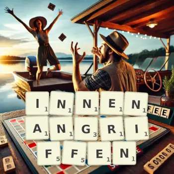 Kreative Illustration für ein Scrabble-Spiel, bei dem das Wort INNENANGRIFFEN mit Steinen auf dem Brett gelegt wurde.