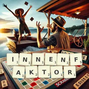 Kreative Illustration für ein Scrabble-Spiel, bei dem das Wort INNENFAKTOR mit Steinen auf dem Brett gelegt wurde.