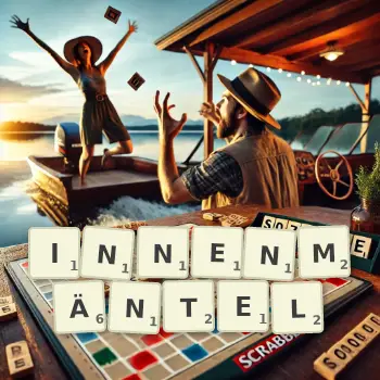 Kreative Illustration für ein Scrabble-Spiel, bei dem das Wort INNENMÄNTEL mit Steinen auf dem Brett gelegt wurde.