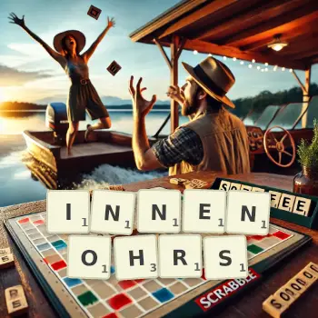 Kreative Illustration für ein Scrabble-Spiel, bei dem das Wort INNENOHRS mit Steinen auf dem Brett gelegt wurde.