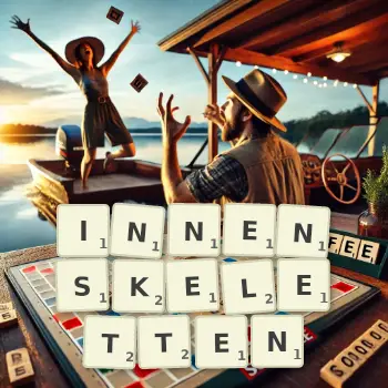 Kreative Illustration für ein Scrabble-Spiel, bei dem das Wort INNENSKELETTEN mit Steinen auf dem Brett gelegt wurde.