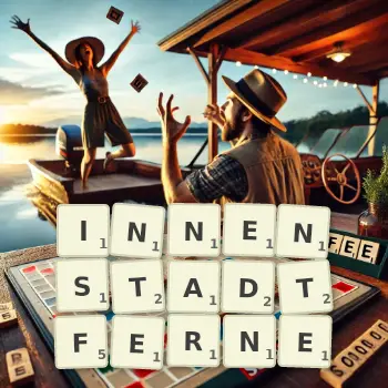Kreative Illustration für ein Scrabble-Spiel, bei dem das Wort INNENSTADTFERNE mit Steinen auf dem Brett gelegt wurde.