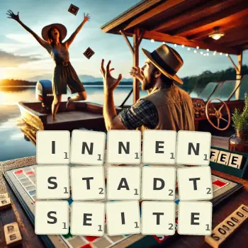 Kreative Illustration für ein Scrabble-Spiel, bei dem das Wort INNENSTADTSEITE mit Steinen auf dem Brett gelegt wurde.