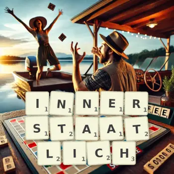 Kreative Illustration für ein Scrabble-Spiel, bei dem das Wort INNERSTAATLICH mit Steinen auf dem Brett gelegt wurde.