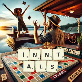 Kreative Illustration für ein Scrabble-Spiel, bei dem das Wort INNTALS mit Steinen auf dem Brett gelegt wurde.