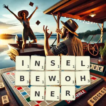 Kreative Illustration für ein Scrabble-Spiel, bei dem das Wort INSELBEWOHNER mit Steinen auf dem Brett gelegt wurde.