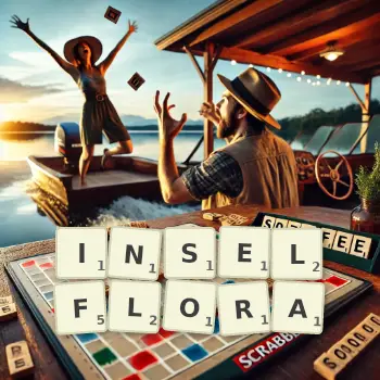 Kreative Illustration für ein Scrabble-Spiel, bei dem das Wort INSELFLORA mit Steinen auf dem Brett gelegt wurde.