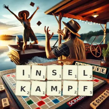 Kreative Illustration für ein Scrabble-Spiel, bei dem das Wort INSELKAMPF mit Steinen auf dem Brett gelegt wurde.
