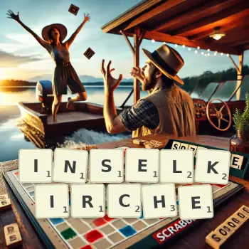 Kreative Illustration für ein Scrabble-Spiel, bei dem das Wort INSELKIRCHE mit Steinen auf dem Brett gelegt wurde.