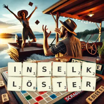 Kreative Illustration für ein Scrabble-Spiel, bei dem das Wort INSELKLÖSTER mit Steinen auf dem Brett gelegt wurde.