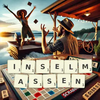 Kreative Illustration für ein Scrabble-Spiel, bei dem das Wort INSELMASSEN mit Steinen auf dem Brett gelegt wurde.