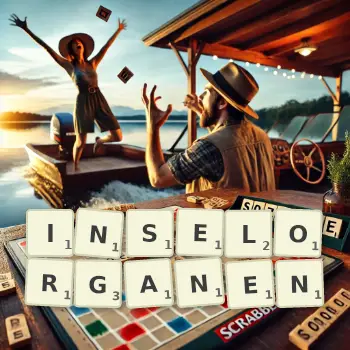 Kreative Illustration für ein Scrabble-Spiel, bei dem das Wort INSELORGANEN mit Steinen auf dem Brett gelegt wurde.