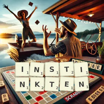 Kreative Illustration für ein Scrabble-Spiel, bei dem das Wort INSTINKTEN mit Steinen auf dem Brett gelegt wurde.