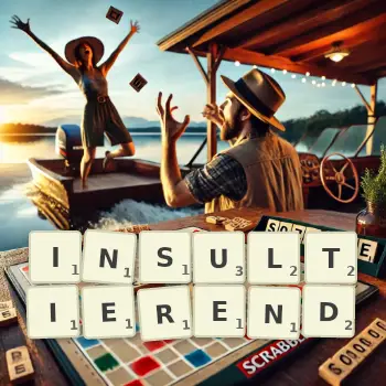 Kreative Illustration für ein Scrabble-Spiel, bei dem das Wort INSULTIEREND mit Steinen auf dem Brett gelegt wurde.