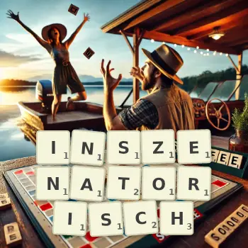 Kreative Illustration für ein Scrabble-Spiel, bei dem das Wort INSZENATORISCH mit Steinen auf dem Brett gelegt wurde.