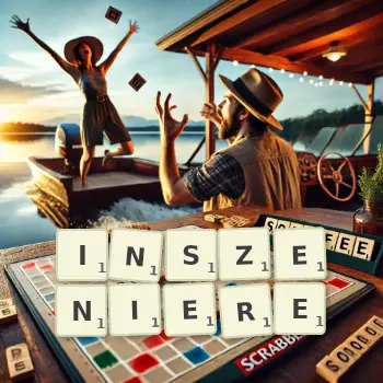 Kreative Illustration für ein Scrabble-Spiel, bei dem das Wort INSZENIERE mit Steinen auf dem Brett gelegt wurde.
