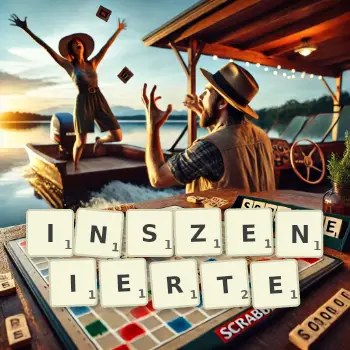 Kreative Illustration für ein Scrabble-Spiel, bei dem das Wort INSZENIERTE mit Steinen auf dem Brett gelegt wurde.