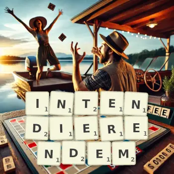 Kreative Illustration für ein Scrabble-Spiel, bei dem das Wort INTENDIERENDEM mit Steinen auf dem Brett gelegt wurde.