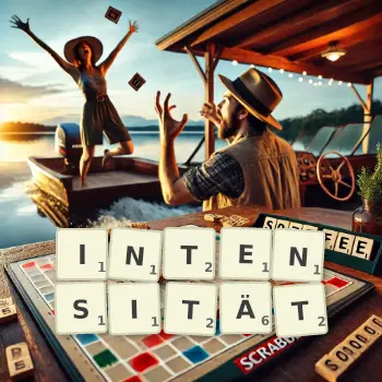 Kreative Illustration für ein Scrabble-Spiel, bei dem das Wort INTENSITÄT mit Steinen auf dem Brett gelegt wurde.