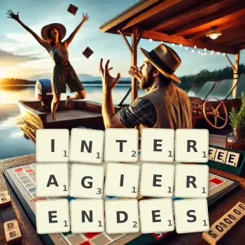 Kreative Illustration für ein Scrabble-Spiel, bei dem das Wort INTERAGIERENDES mit Steinen auf dem Brett gelegt wurde.