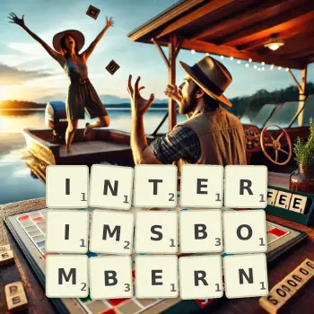 Kreative Illustration für ein Scrabble-Spiel, bei dem das Wort INTERIMSBOMBERN mit Steinen auf dem Brett gelegt wurde.