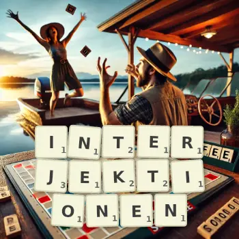 Kreative Illustration für ein Scrabble-Spiel, bei dem das Wort INTERJEKTIONEN mit Steinen auf dem Brett gelegt wurde.