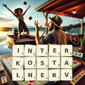 Kreative Illustration für ein Scrabble-Spiel, bei dem das Wort INTERKOSTALNERV mit Steinen auf dem Brett gelegt wurde.