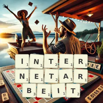 Kreative Illustration für ein Scrabble-Spiel, bei dem das Wort INTERNETARBEIT mit Steinen auf dem Brett gelegt wurde.