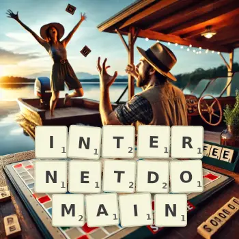 Kreative Illustration für ein Scrabble-Spiel, bei dem das Wort INTERNETDOMAIN mit Steinen auf dem Brett gelegt wurde.