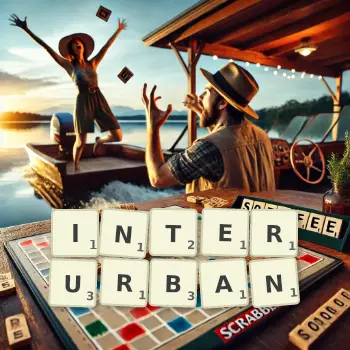 Kreative Illustration für ein Scrabble-Spiel, bei dem das Wort INTERURBAN mit Steinen auf dem Brett gelegt wurde.