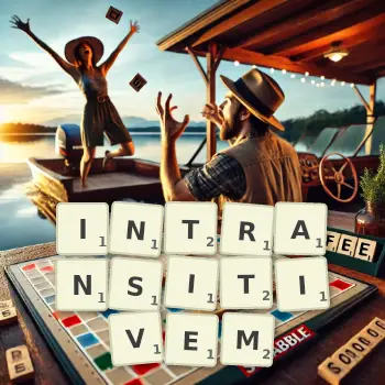 Kreative Illustration für ein Scrabble-Spiel, bei dem das Wort INTRANSITIVEM mit Steinen auf dem Brett gelegt wurde.