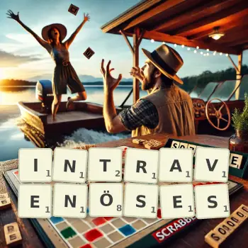 Kreative Illustration für ein Scrabble-Spiel, bei dem das Wort INTRAVENÖSES mit Steinen auf dem Brett gelegt wurde.