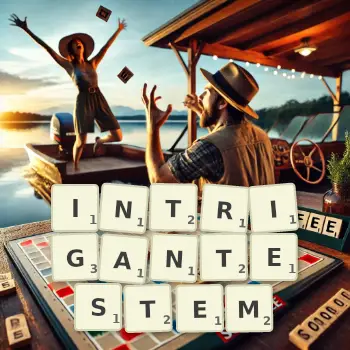 Kreative Illustration für ein Scrabble-Spiel, bei dem das Wort INTRIGANTESTEM mit Steinen auf dem Brett gelegt wurde.
