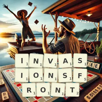 Kreative Illustration für ein Scrabble-Spiel, bei dem das Wort INVASIONSFRONT mit Steinen auf dem Brett gelegt wurde.