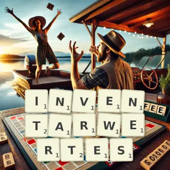 Kreative Illustration für ein Scrabble-Spiel, bei dem das Wort INVENTARWERTES mit Steinen auf dem Brett gelegt wurde.