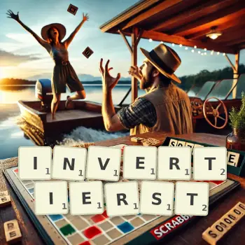 Kreative Illustration für ein Scrabble-Spiel, bei dem das Wort INVERTIERST mit Steinen auf dem Brett gelegt wurde.