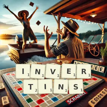 Kreative Illustration für ein Scrabble-Spiel, bei dem das Wort INVERTINS mit Steinen auf dem Brett gelegt wurde.