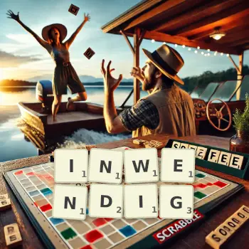 Kreative Illustration für ein Scrabble-Spiel, bei dem das Wort INWENDIG mit Steinen auf dem Brett gelegt wurde.