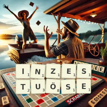 Kreative Illustration für ein Scrabble-Spiel, bei dem das Wort INZESTUÖSE mit Steinen auf dem Brett gelegt wurde.