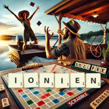 Kreative Illustration für ein Scrabble-Spiel, bei dem das Wort IONIEN mit Steinen auf dem Brett gelegt wurde.