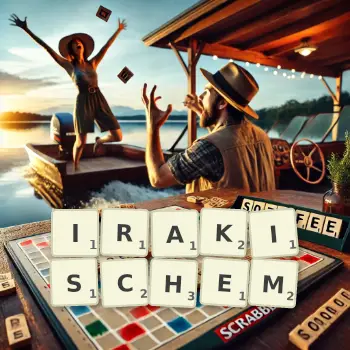 Kreative Illustration für ein Scrabble-Spiel, bei dem das Wort IRAKISCHEM mit Steinen auf dem Brett gelegt wurde.