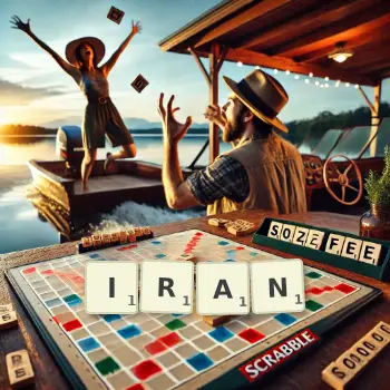Kreative Illustration für ein Scrabble-Spiel, bei dem das Wort IRAN mit Steinen auf dem Brett gelegt wurde.