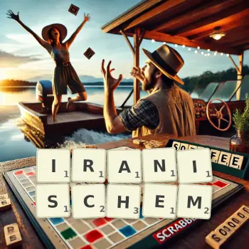Kreative Illustration für ein Scrabble-Spiel, bei dem das Wort IRANISCHEM mit Steinen auf dem Brett gelegt wurde.