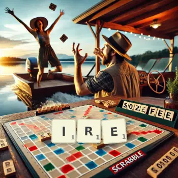 Kreative Illustration für ein Scrabble-Spiel, bei dem das Wort IRE mit Steinen auf dem Brett gelegt wurde.