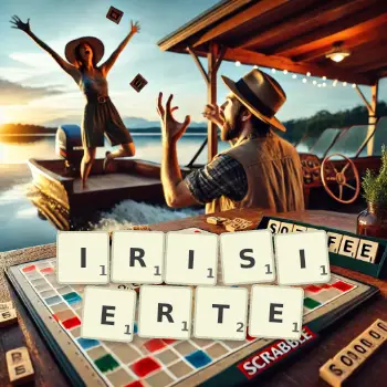 Kreative Illustration für ein Scrabble-Spiel, bei dem das Wort IRISIERTE mit Steinen auf dem Brett gelegt wurde.