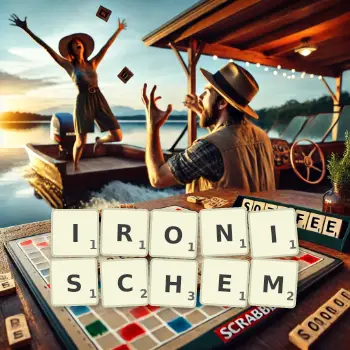Kreative Illustration für ein Scrabble-Spiel, bei dem das Wort IRONISCHEM mit Steinen auf dem Brett gelegt wurde.