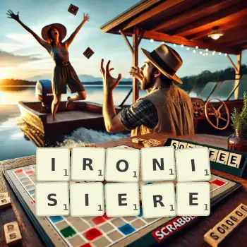Kreative Illustration für ein Scrabble-Spiel, bei dem das Wort IRONISIERE mit Steinen auf dem Brett gelegt wurde.